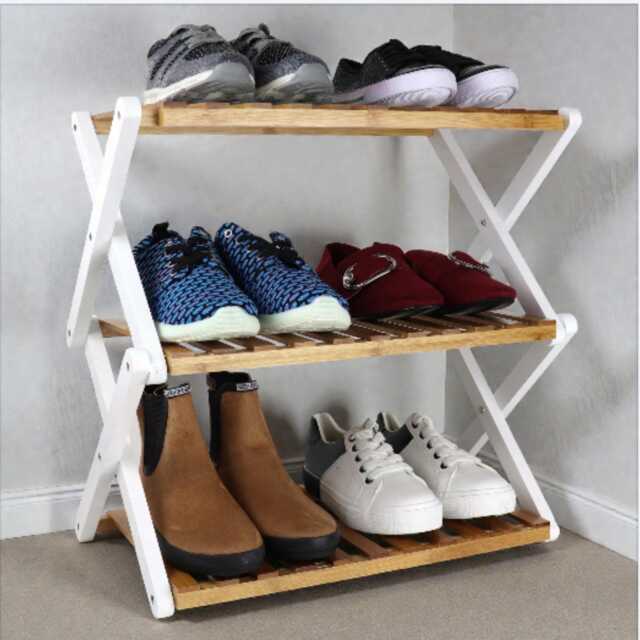 3 Tier Folding Bamboo Shoe Rack - Space Saving Storage Shelf - image 1