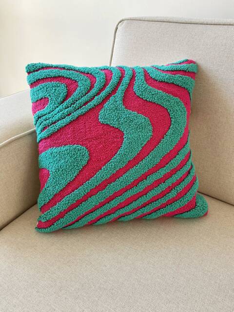 Hand Tufted Punch Needle Pillow Cover, Decorative Embroidered Cushion Cover, Y2K Vibrant Wavy Lines, Fun Home Decor Rug, Psychedelic Printed - image 1