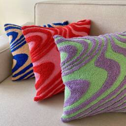Hand Tufted Punch Needle Pillow Cover, Decorative Embroidered Cushion Cover, Y2K Vibrant Wavy Lines, Fun Home Decor Rug, Psychedelic Printed - thumbnail 3