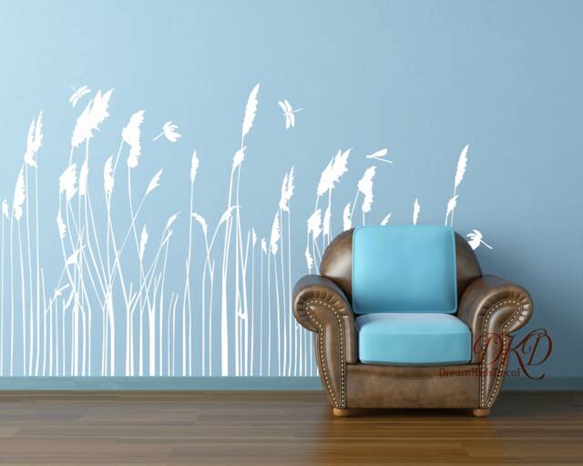 Grass Plant Wall Decal Border, Nursery Decal, Room Border Decal, Nature Design Mural, Modern Home Decor-Dragonfly With Reed Grass - image 1