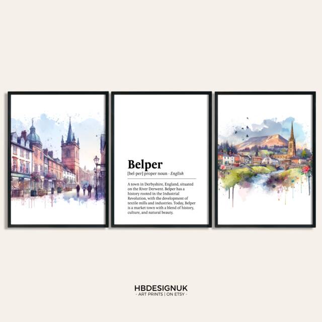 Belper Poster Set - Of 3 Prints - Watercolour Derbyshire Print Wall Hanging Decor Art Derby Artwork England Travel Gifts - image 1