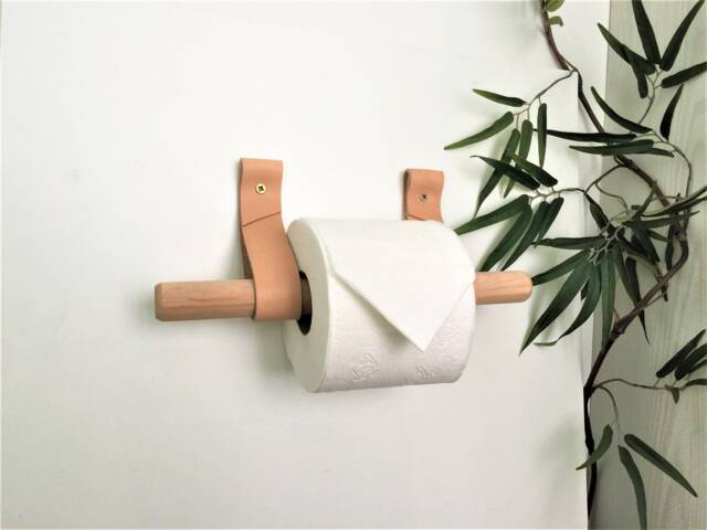 Leather Toilet Paper Holder Kit Birch Wood & Bronze Hardware - image 1