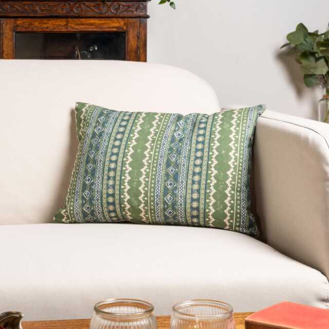 Aztec Trail Boudoir Cushion Cover in Indigo Blue & Green. Rustic Striped Geometric Design, Boho Theme. 17x12 - image 1