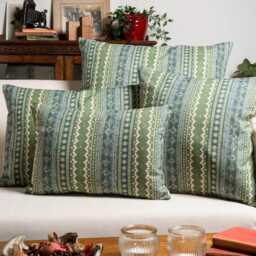 Aztec Trail Boudoir Cushion Cover in Indigo Blue & Green. Rustic Striped Geometric Design, Boho Theme. 17x12 - thumbnail 3