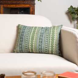 Aztec Trail Boudoir Cushion Cover in Indigo Blue & Green. Rustic Striped Geometric Design, Boho Theme. 17x12