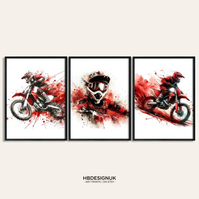 Motocross Poster Print Set - Red Watercolour Dirt Bike Posters - Motorcycle Prints Wall Art Motor Artwork Boys Room - image 1