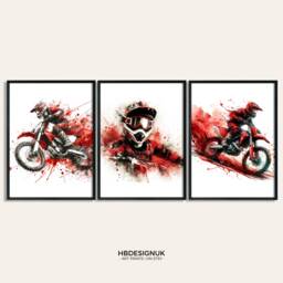 Motocross Poster Print Set - Red Watercolour Dirt Bike Posters - Motorcycle Prints Wall Art Motor Artwork Boys Room - thumbnail 1