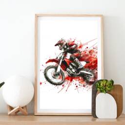 Motocross Poster Print Set - Red Watercolour Dirt Bike Posters - Motorcycle Prints Wall Art Motor Artwork Boys Room - thumbnail 2