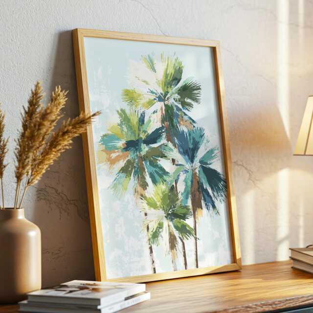 Palm Tree Wall Art Tropical Abstract Print Green Botanical Brush Texture Modern Coastal Decor Poster Framed Canvas - image 1