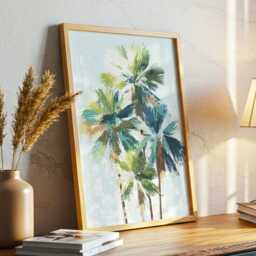 Palm Tree Wall Art Tropical Abstract Print Green Botanical Brush Texture Modern Coastal Decor Poster Framed Canvas - thumbnail 1