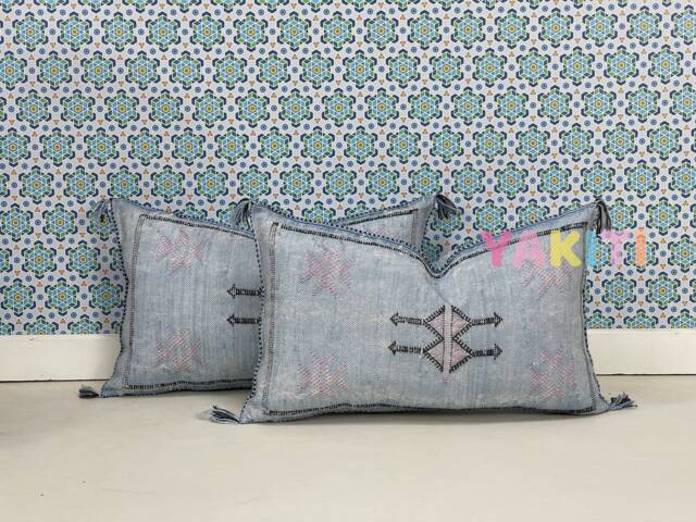 Yakiti-Light Blue Square Moroccan Pillows 13x21, Aka Cactus Silk Pillow, Sabra Pillows, Outdoor Luxury Pillow, Durable & Weather Resistant - image 1