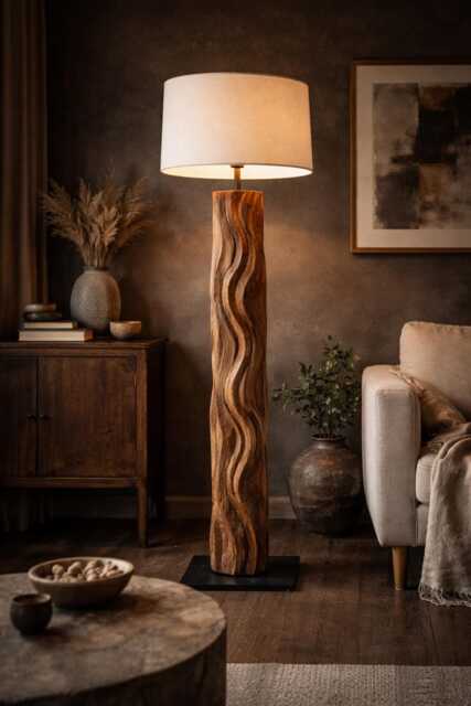 Sculptural Reclaimed Wood Floor Lamp - Hand Carved One-Of-A-Kind Statement Light Rustic Modern Standing - image 1