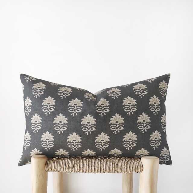 Charcoal Grey Lumbar Pillow Cover - Neutral Floral Cushion - image 1