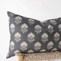 Charcoal Grey Lumbar Pillow Cover - Neutral Floral Cushion - thumbnail 2