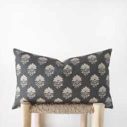 Charcoal Grey Lumbar Pillow Cover - Neutral Floral Cushion - thumbnail 1