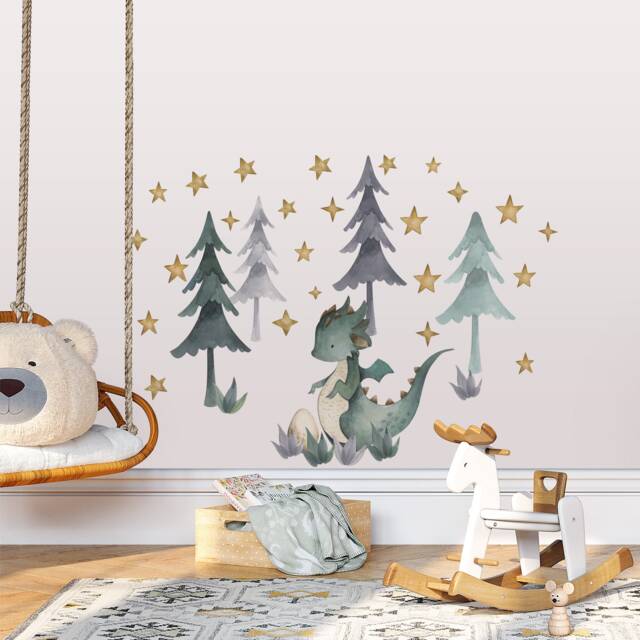Watercolor Dragon Nursery Wall Decals Fantasy Peel & Stick Stickers - image 1