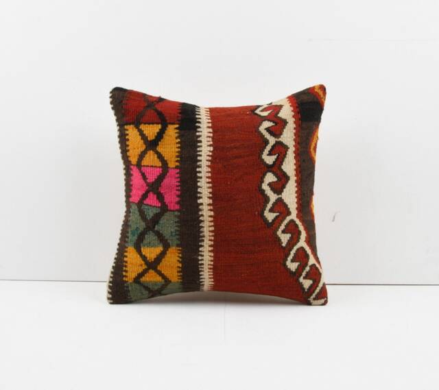 Vintage Turkish Kilim Pillow Cover Handwoven Wool Throw - 16''x16'' - image 1
