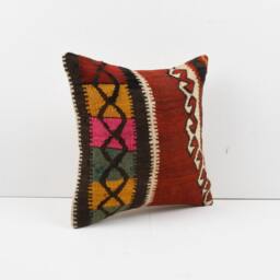 Vintage Turkish Kilim Pillow Cover Handwoven Wool Throw - 16''x16'' - thumbnail 2
