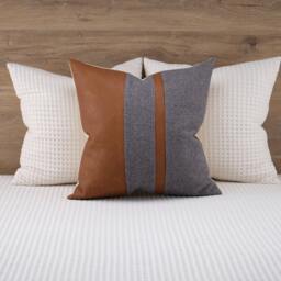 Color Block Pillow Cover Cognac Faux Leather & Gray Textured Fabric - thumbnail 1