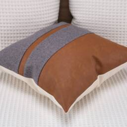 Color Block Pillow Cover Cognac Faux Leather & Gray Textured Fabric - thumbnail 3