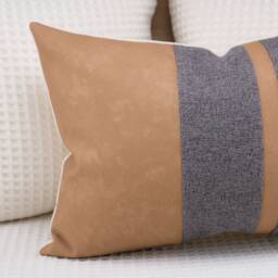 Color Block Pillow Cover Cognac Faux Leather & Gray Textured Fabric - thumbnail 4