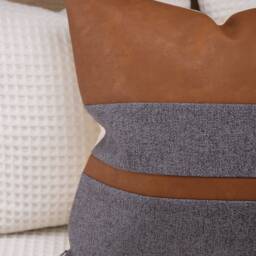 Color Block Pillow Cover Cognac Faux Leather & Gray Textured Fabric - thumbnail 2