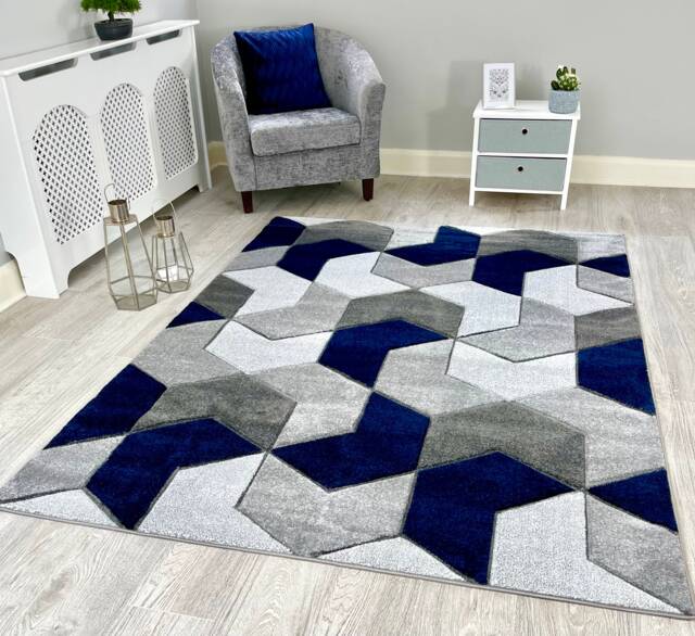 New Small Large Navy Blue Silver Grey Puzzle Design Area Rugs Mats - image 1