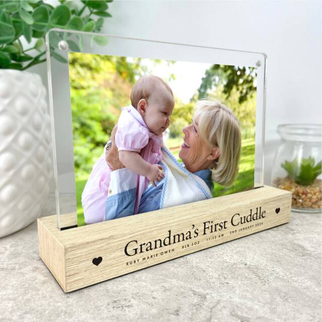Personalised Wooden Base Photo Frame - My First Cuddle, Grandparent Gift - image 1