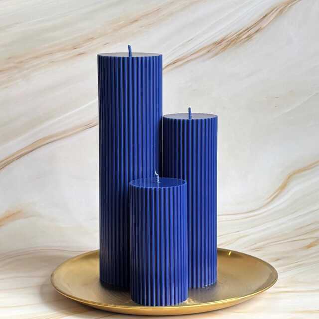 Large Dark Blue Tall Ribbed Scented Pillar Candles - Handmade Home Decor - image 1