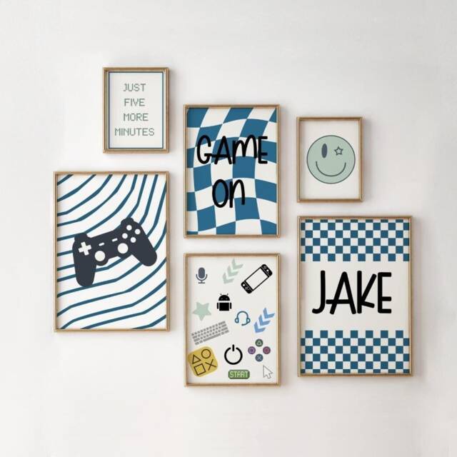 Boys Gaming Wall Print Set, Blue Reto Decor Childrens Kids Bedroom Or Playroom, Just Five More Minutes Quote - image 1