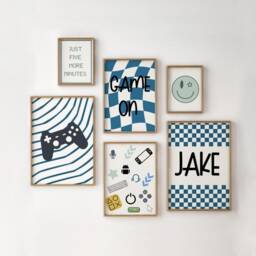 Boys Gaming Wall Print Set, Blue Reto Decor Childrens Kids Bedroom Or Playroom, Just Five More Minutes Quote - thumbnail 1