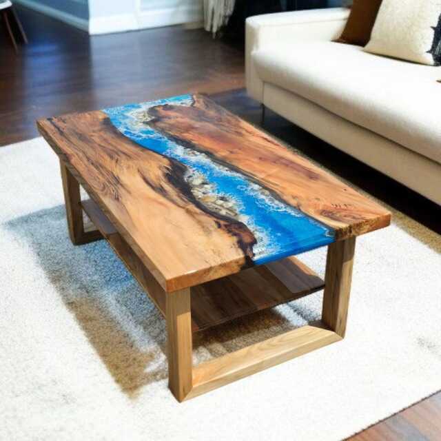 Coffee Table, Seaside Epoxy Resin Artwork Made Of Solid Linden Wood, For Display - image 1