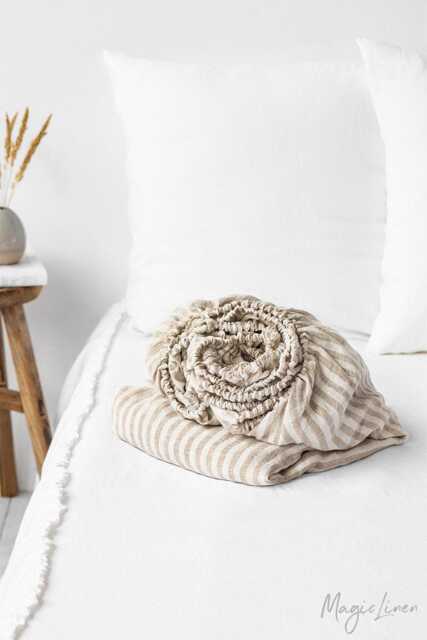 Natural Striped Linen Fitted Sheet - Oatmeal & Off-White Bedding Queen King Deep Pocket Soft Stonewashed Oeko Bed - image 1