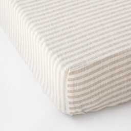 Natural Striped Linen Fitted Sheet - Oatmeal & Off-White Bedding Queen King Deep Pocket Soft Stonewashed Oeko Bed - thumbnail 2