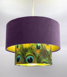 New Luxurious Handmade By Order Lavender Purple Velvet & Peacock Feathers Print Two Tier Pendant Lamp Light Shade With Metallic Lining - thumbnail 1