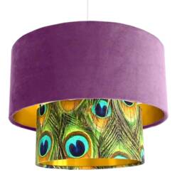 New Luxurious Handmade By Order Lavender Purple Velvet & Peacock Feathers Print Two Tier Pendant Lamp Light Shade With Metallic Lining - thumbnail 2