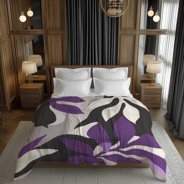 Floral Abstract Comforter, Modern Botanical Bedding Gift, Minimalist Contemporary Home D??cor, Twin Queen King, Purple Black #193 - image 1