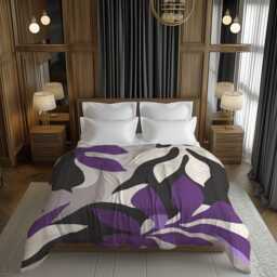 Floral Abstract Comforter, Modern Botanical Bedding Gift, Minimalist Contemporary Home D??cor, Twin Queen King, Purple Black #193