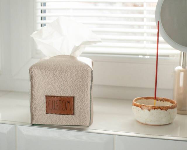 Custom Square Tissue Box Cover, Italian Leather Personalizedtissue Nursery Decor, Bathroom Kleenexx Case - image 1