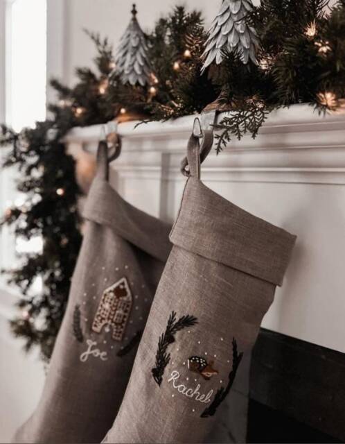 Rustic Linen Christmas Stocking With Hand-Embroidered Fawn, Personalized Farmhouse Decor, Little Women Inspired Holiday - image 1