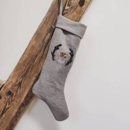 Rustic Linen Christmas Stocking With Hand-Embroidered Fawn, Personalized Farmhouse Decor, Little Women Inspired Holiday - thumbnail 3