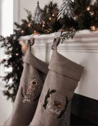 Rustic Linen Christmas Stocking With Hand-Embroidered Fawn, Personalized Farmhouse Decor, Little Women Inspired Holiday - thumbnail 1