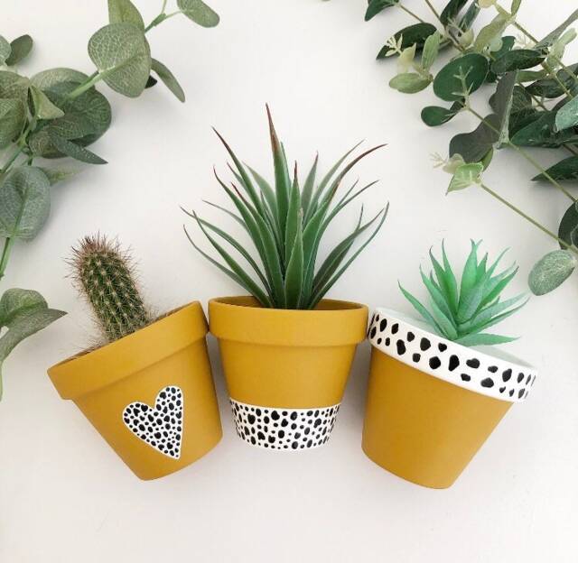 Hand Painted Mustard Yellow Heart Dalmatian Print Terracotta Plant Pot Set, 9cm Pot, Decor Accessories Garden Gift - image 1