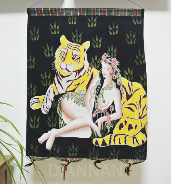 Vintage , Batik Painting Tapestry, The Tiger Lady, Good Luck , Indigo Wall Hanging - image 1