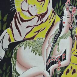 Vintage , Batik Painting Tapestry, The Tiger Lady, Good Luck , Indigo Wall Hanging - thumbnail 4