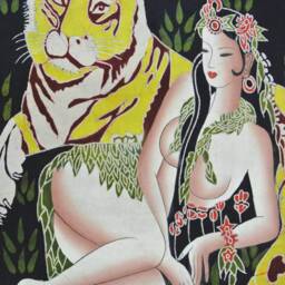 Vintage , Batik Painting Tapestry, The Tiger Lady, Good Luck , Indigo Wall Hanging - thumbnail 3