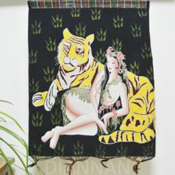 Vintage , Batik Painting Tapestry, The Tiger Lady, Good Luck , Indigo Wall Hanging - thumbnail 2