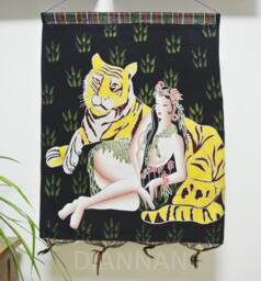 Vintage , Batik Painting Tapestry, The Tiger Lady, Good Luck , Indigo Wall Hanging