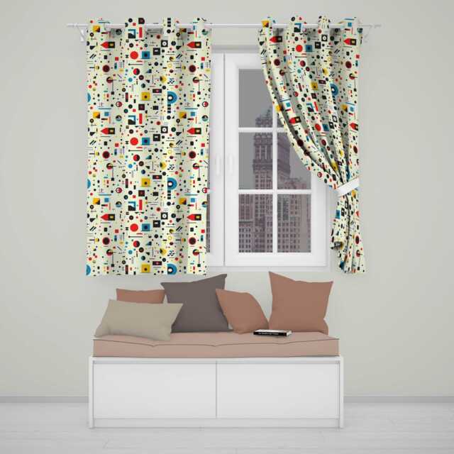 Abstract Bauhaus Geometric Shapes Primary Colors Minimal Pattern Readymade Eyelet Ring Top Thermal 100% Blackout Curtains - image 1