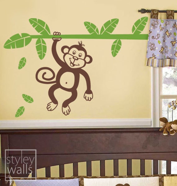 Monkey & Branch Wall Decal, Jungle Holding With Leaves Vinyl Decal For Kids, Nursery Kids Room Sticker - image 1